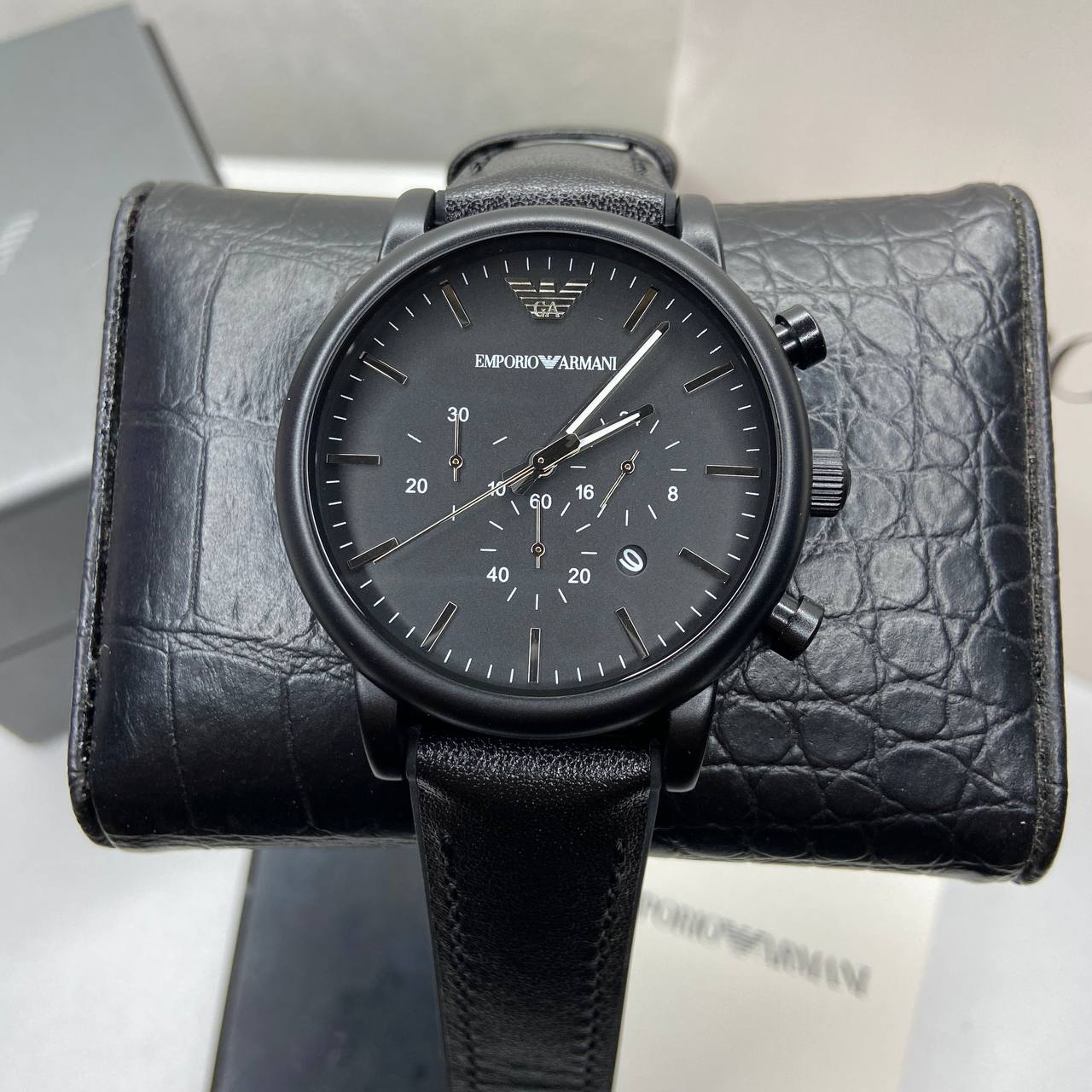 Global Armani Quartz Chronograph Leather Emporio Men\'s Watch Heavni Black AR1970 Brand –