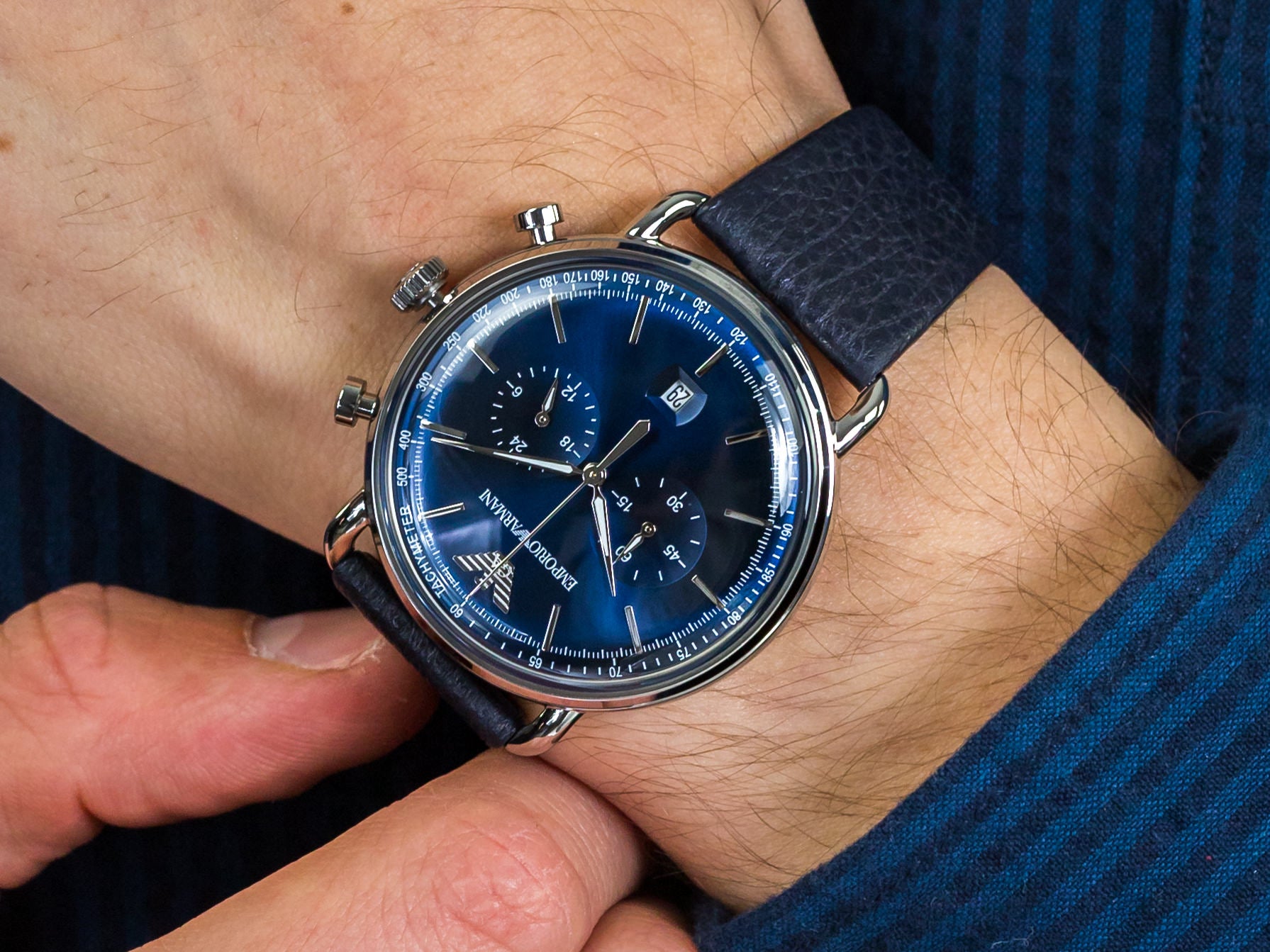 Emporio Armani Aviator Brand Watch Global AR11105 – Blue Heavni Men\'s Dial